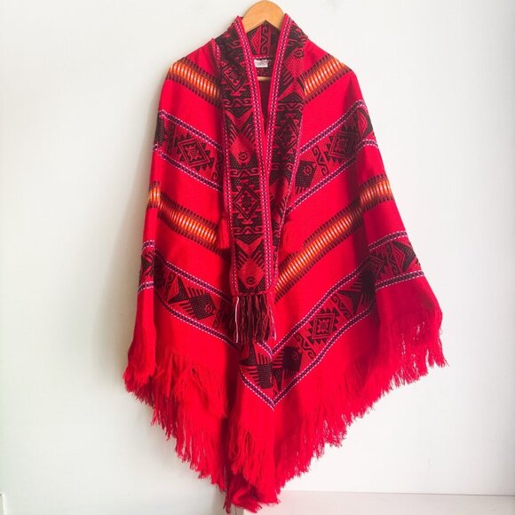 Vintage 100% Wool Ethnic Red Boho Cape Poncho OS - Picture 2 of 6